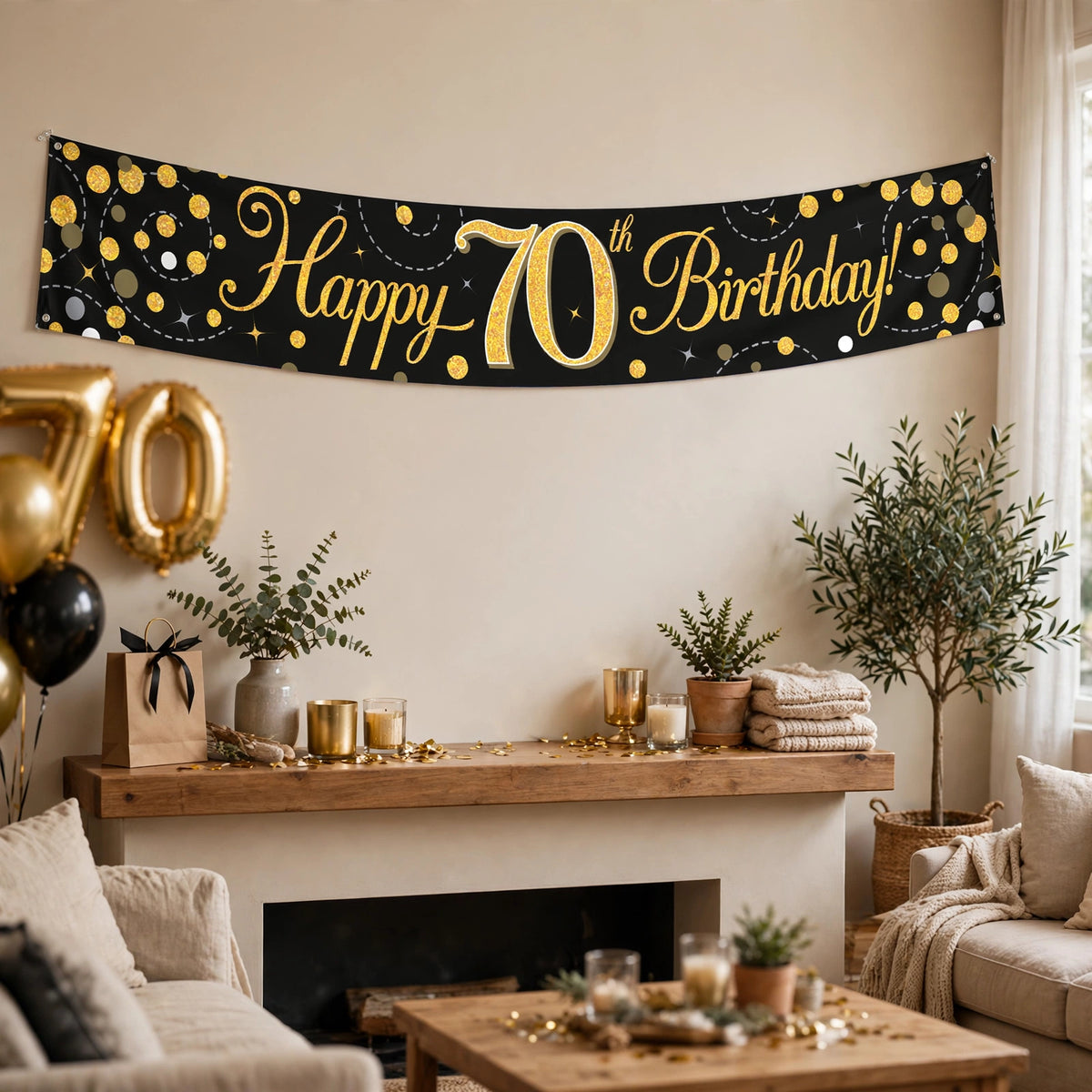 Sparkling Fizz 70th Birthday Banner displayed in an indoor setting