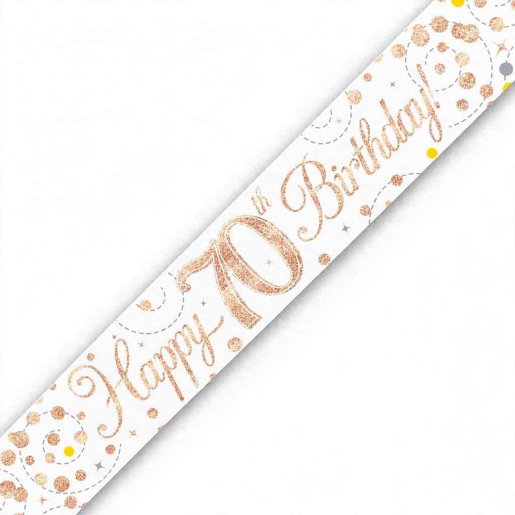 Close-up of Oaktree Sparkling Fizz 70th Birthday Banner showing rose gold and white design with sparkling fizz detailing