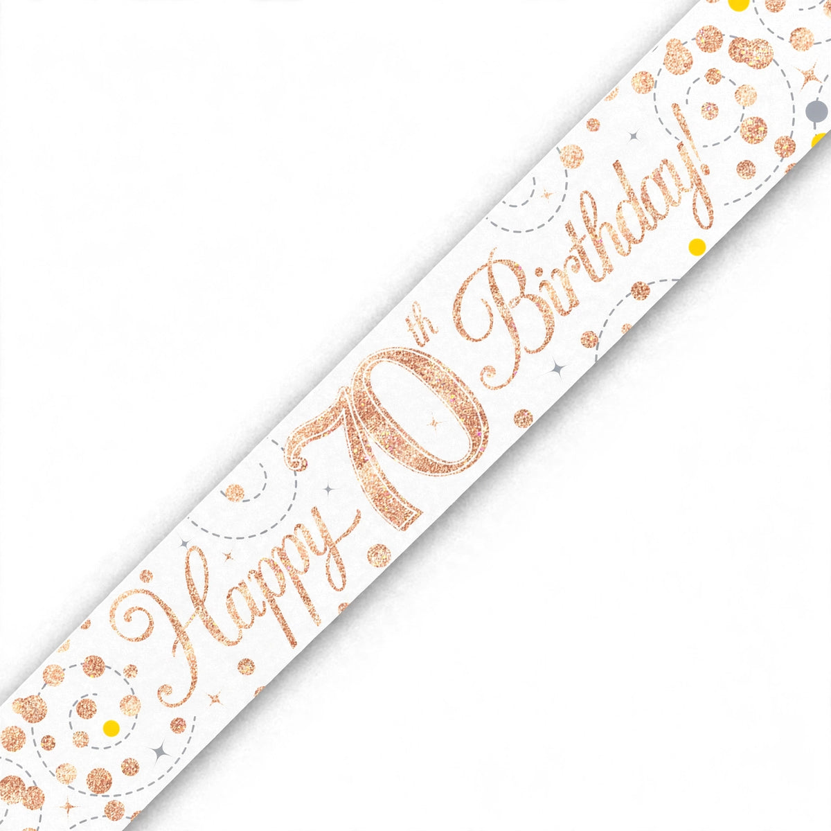 Close-up of Oaktree Sparkling Fizz 70th Birthday Banner showing rose gold and white design with sparkling fizz detailing