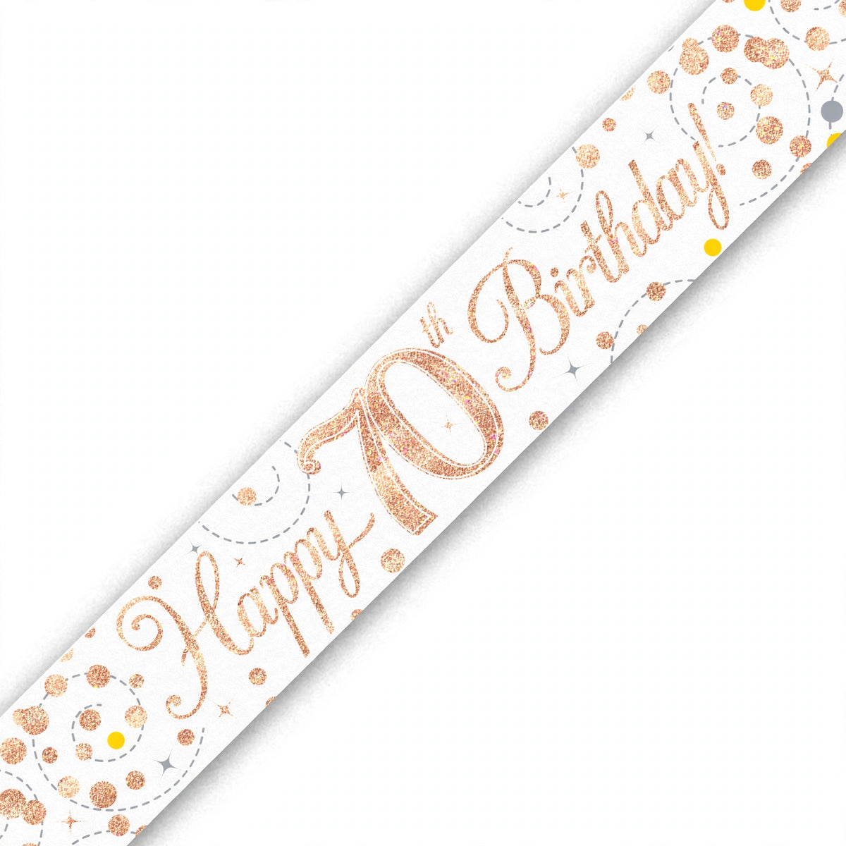 Detail view of the 70th Birthday Banner showing the rose gold lettering