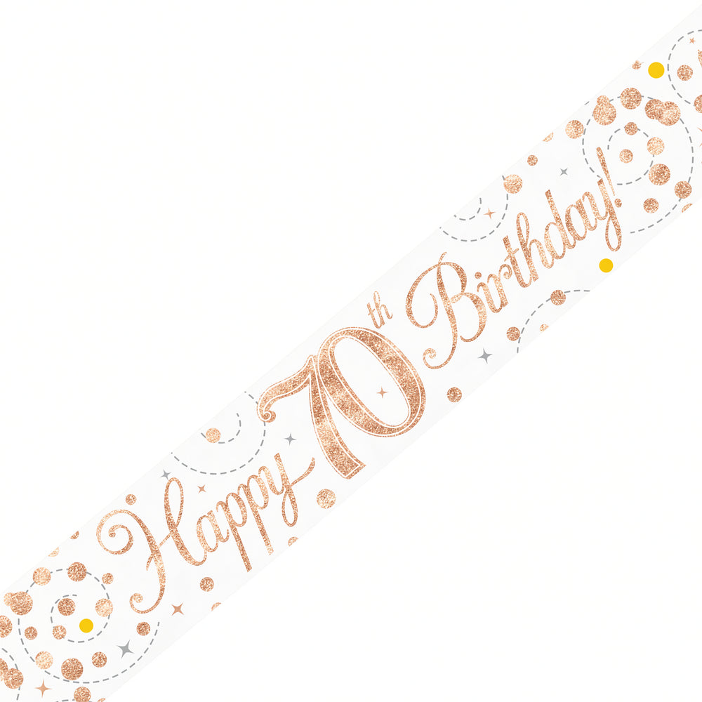 9ft Sparkling Fizz 70th Birthday Banner Rose Gold & White