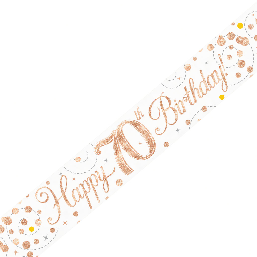 9ft Sparkling Fizz 70th Birthday Banner Rose Gold & White