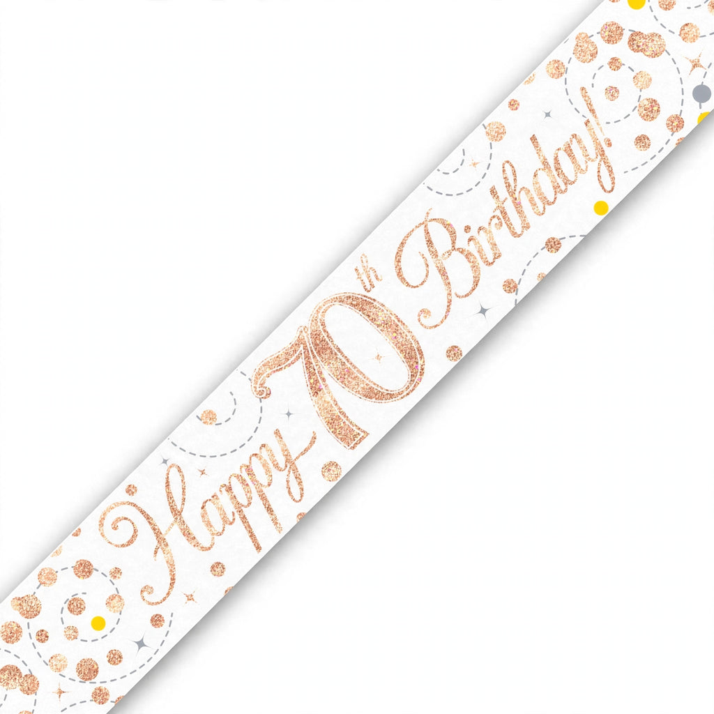 Oaktree Sparkling Fizz 70th Birthday Banner in rose gold and white with sparkling fizz detailing
