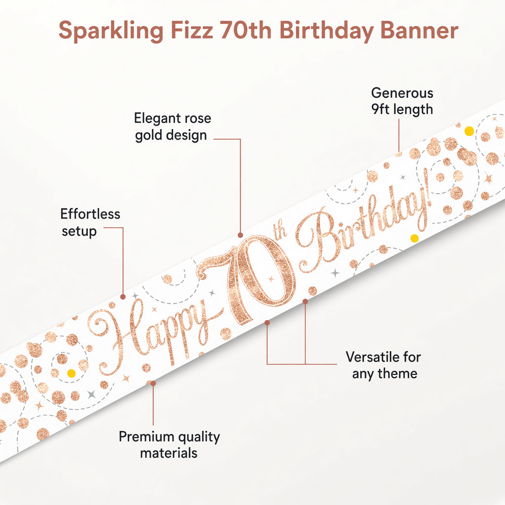 9ft Sparkling Fizz 70th Birthday Banner Rose Gold & White – product image 2