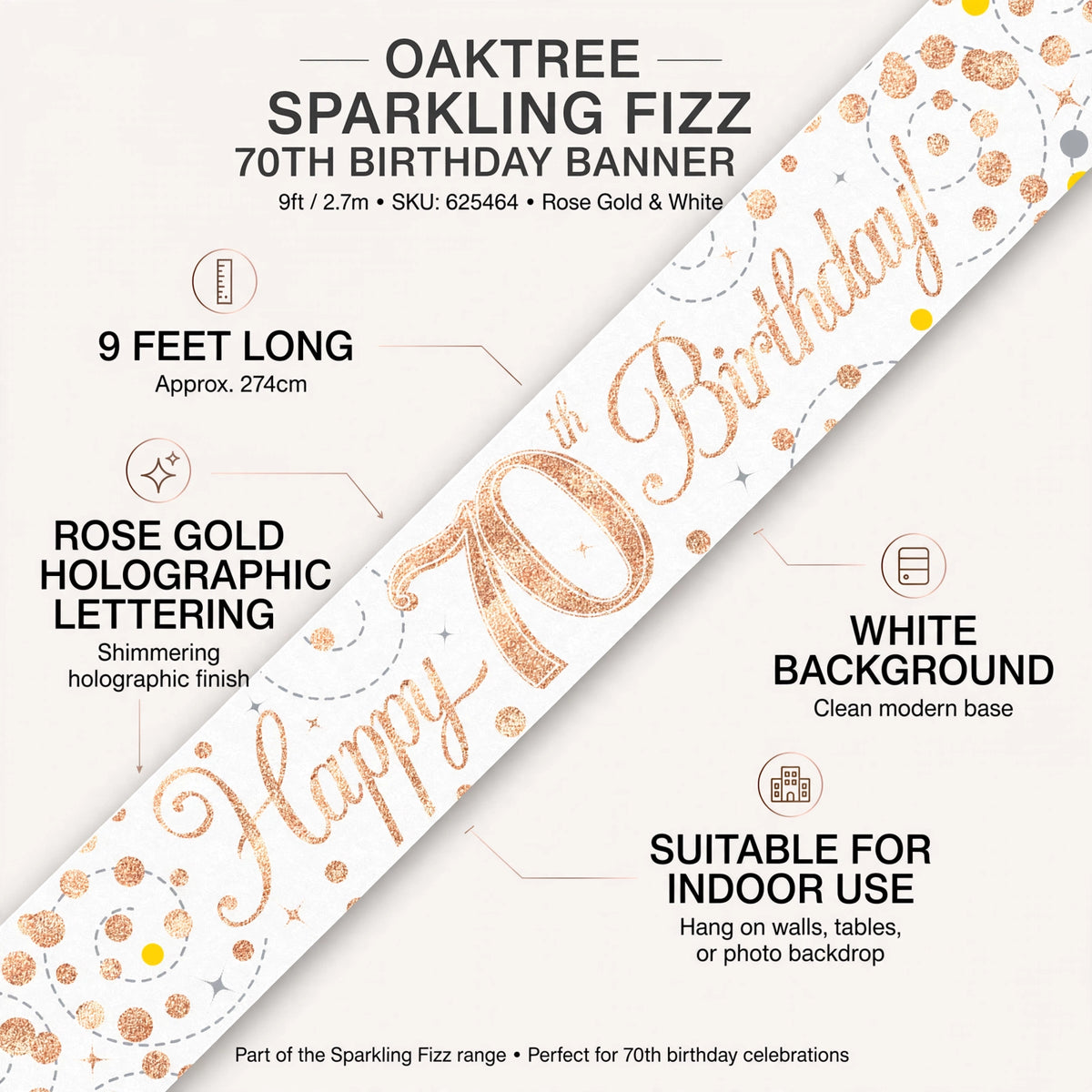 Banner features rose gold holographic lettering on a white background