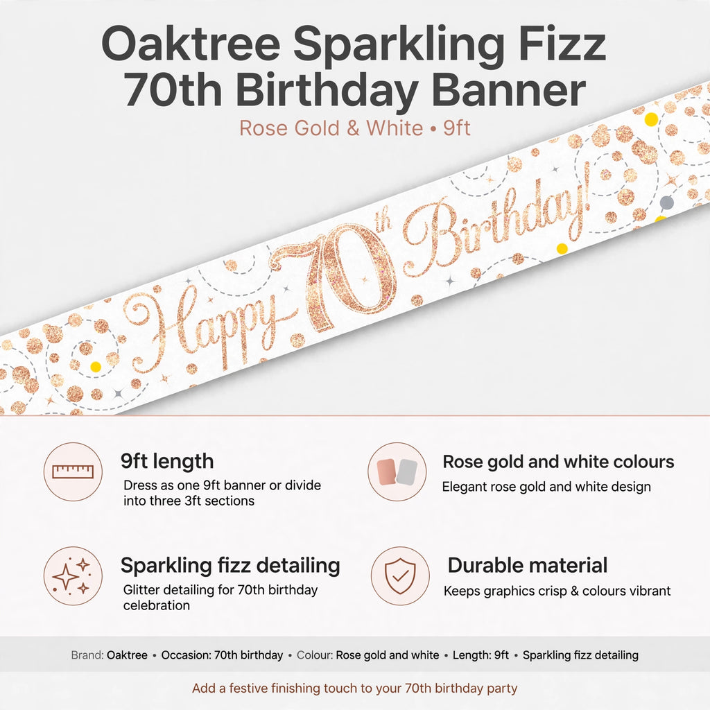 Banner features 9ft length, rose gold and white colours, sparkling fizz detailing, and durable material