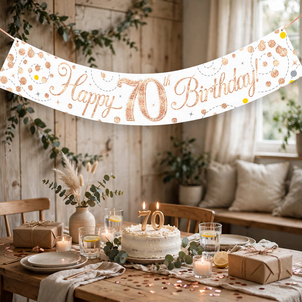 Oaktree Sparkling Fizz 70th Birthday Banner displayed as party decoration in rose gold and white