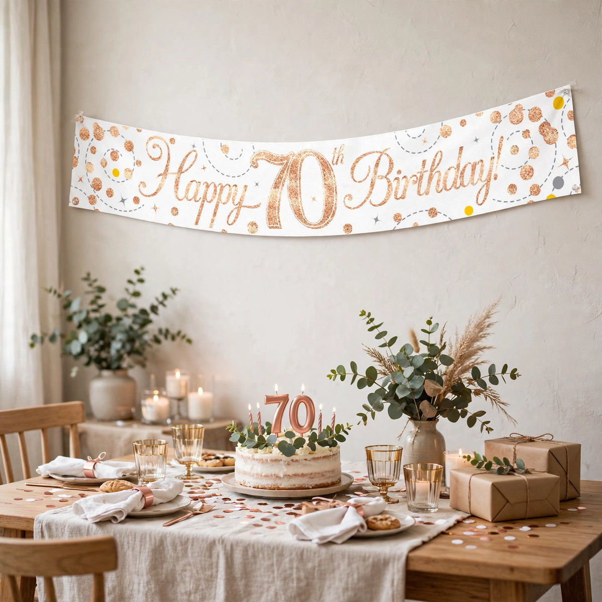70th birthday banner displayed above a table at a celebration