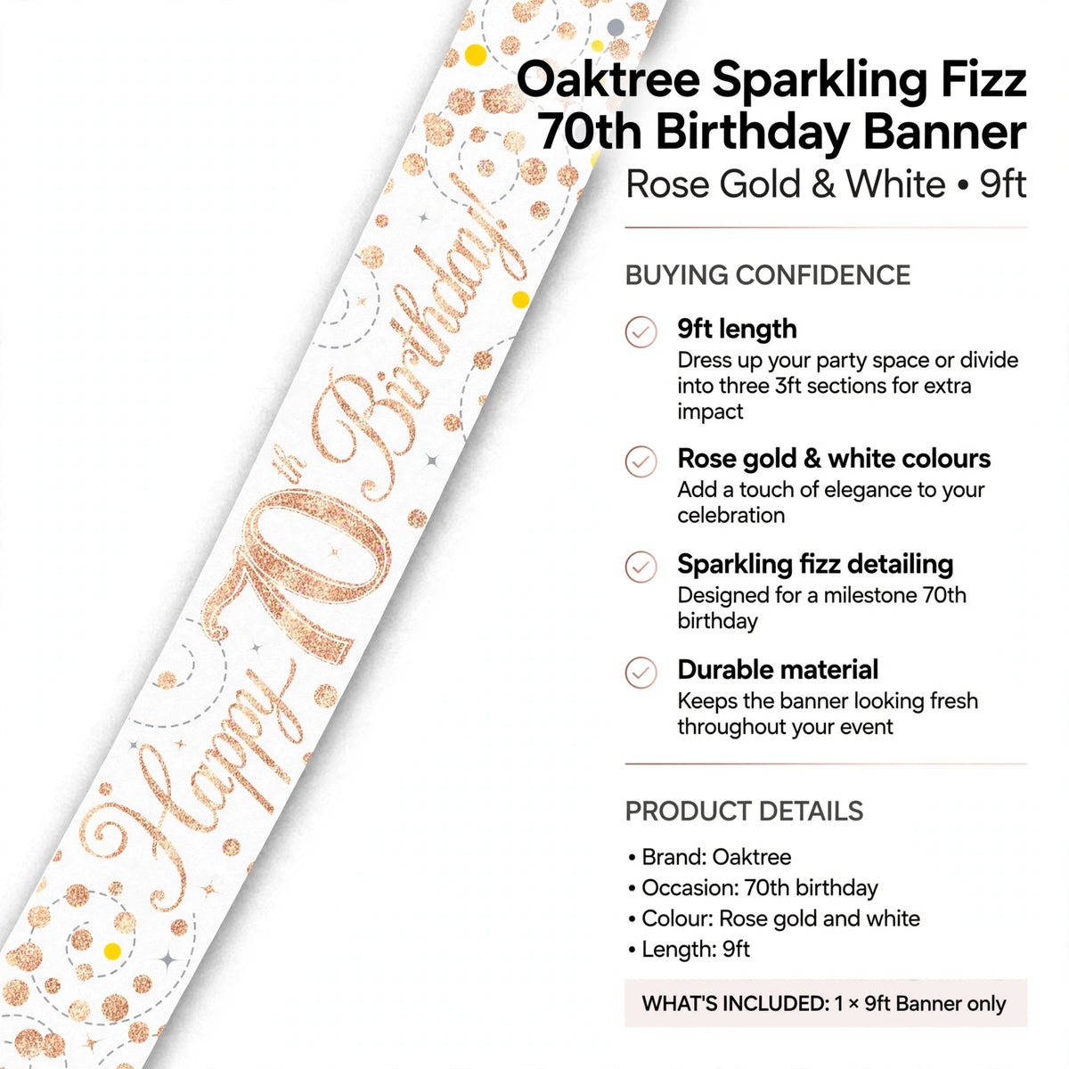 Banner can be used as one 9ft backdrop or divided into three 3ft sections for decoration