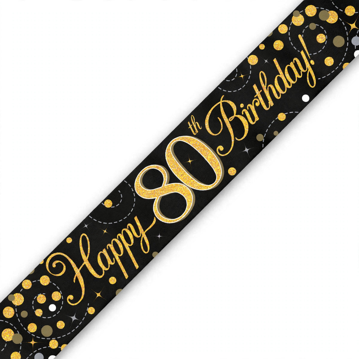 Detail view of the 9ft Sparkling Fizz 80th Birthday Banner showcasing the gold holographic lettering