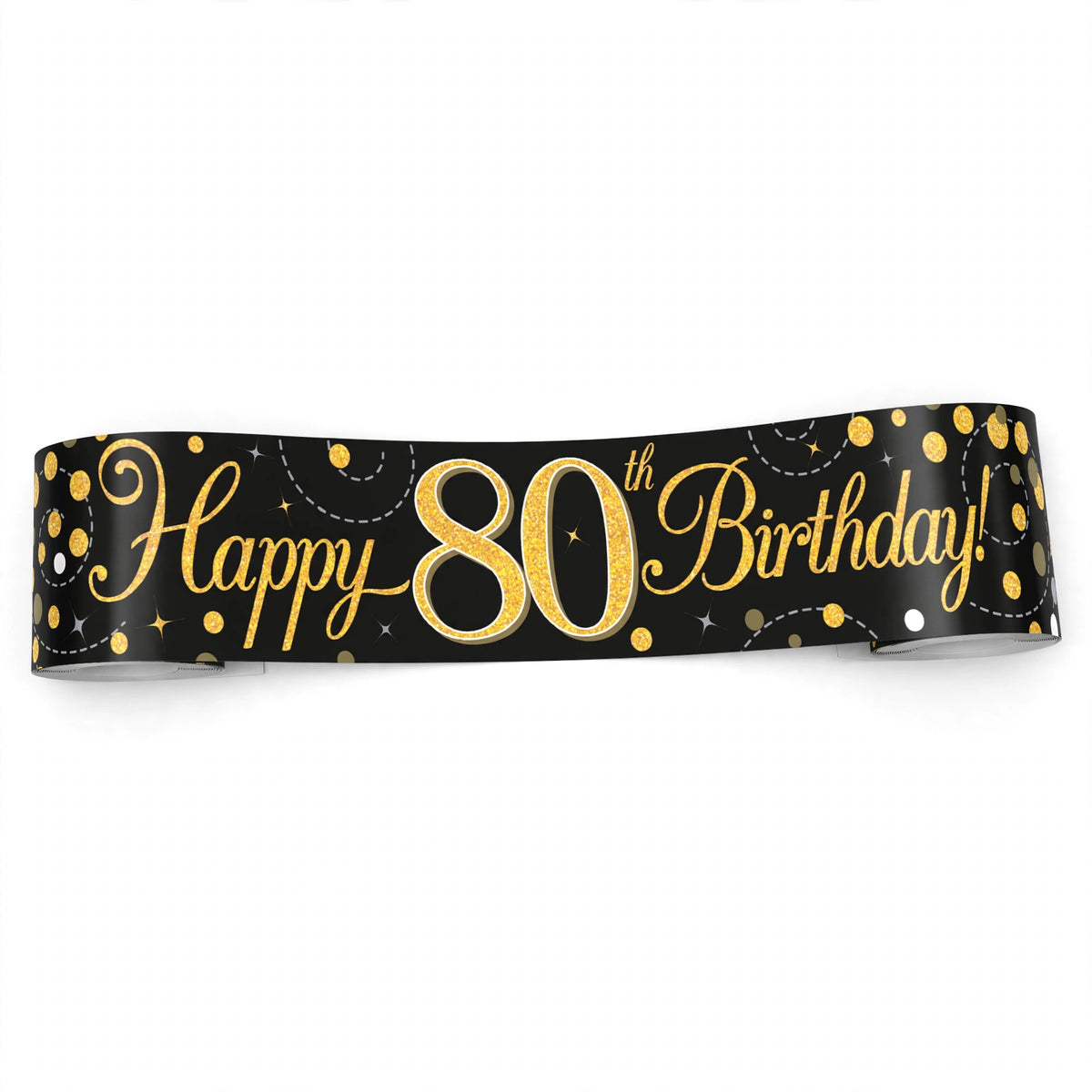 9ft Sparkling Fizz 80th Birthday Banner with black background and gold holographic lettering
