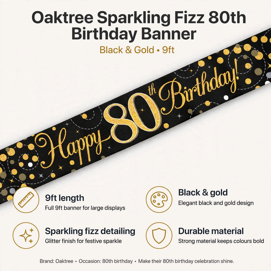 Banner features 9ft length, black and gold colours, sparkling fizz detailing, and durable material