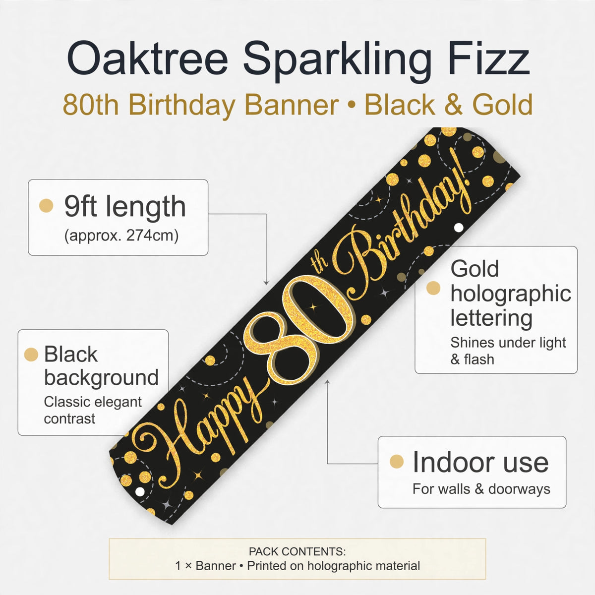 Features of 9ft Sparkling Fizz 80th Birthday Banner displayed with gold holographic lettering