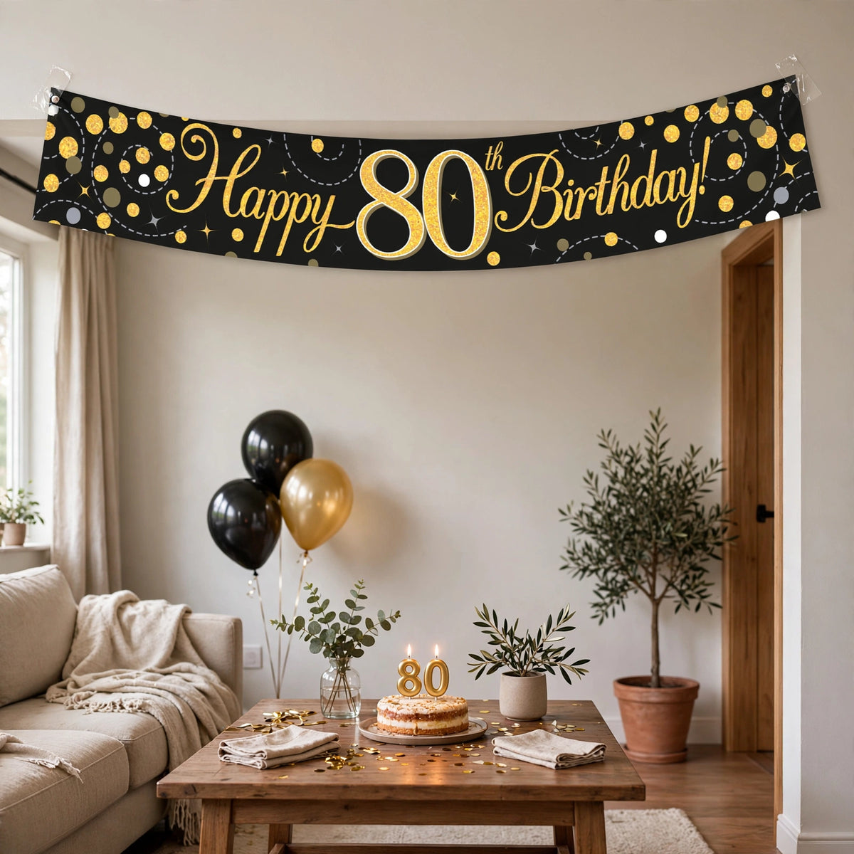 9ft Sparkling Fizz 80th Birthday Banner displayed at an indoor 80th birthday celebration
