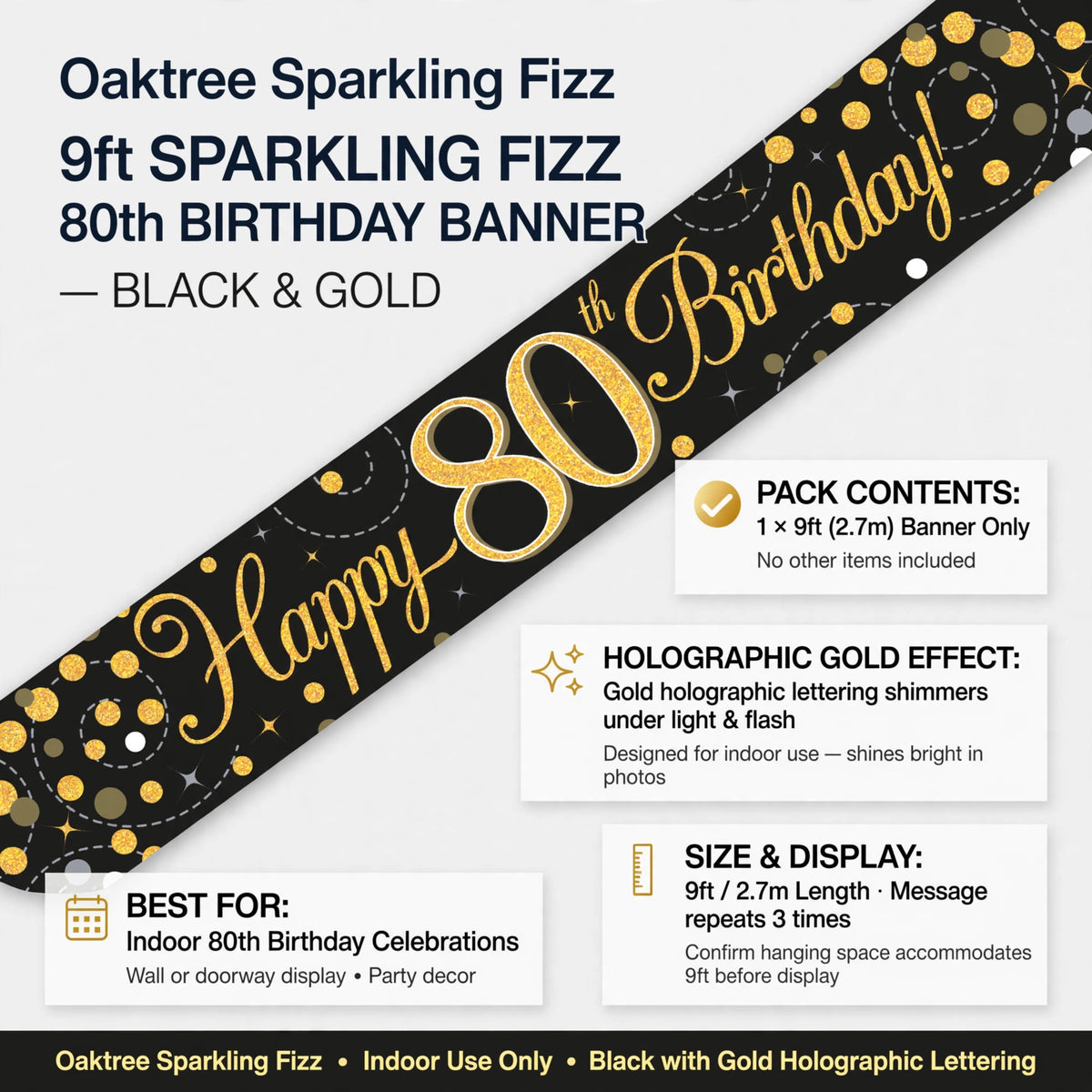 9ft Sparkling Fizz 80th Birthday Banner for indoor wall or doorway display at 80th birthday celebrations
