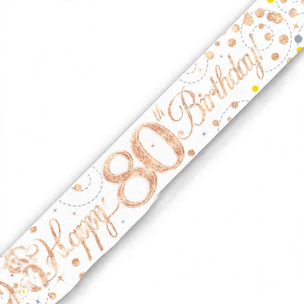 Close-up view of the rose gold and white 80th birthday banner with sparkling fizz design