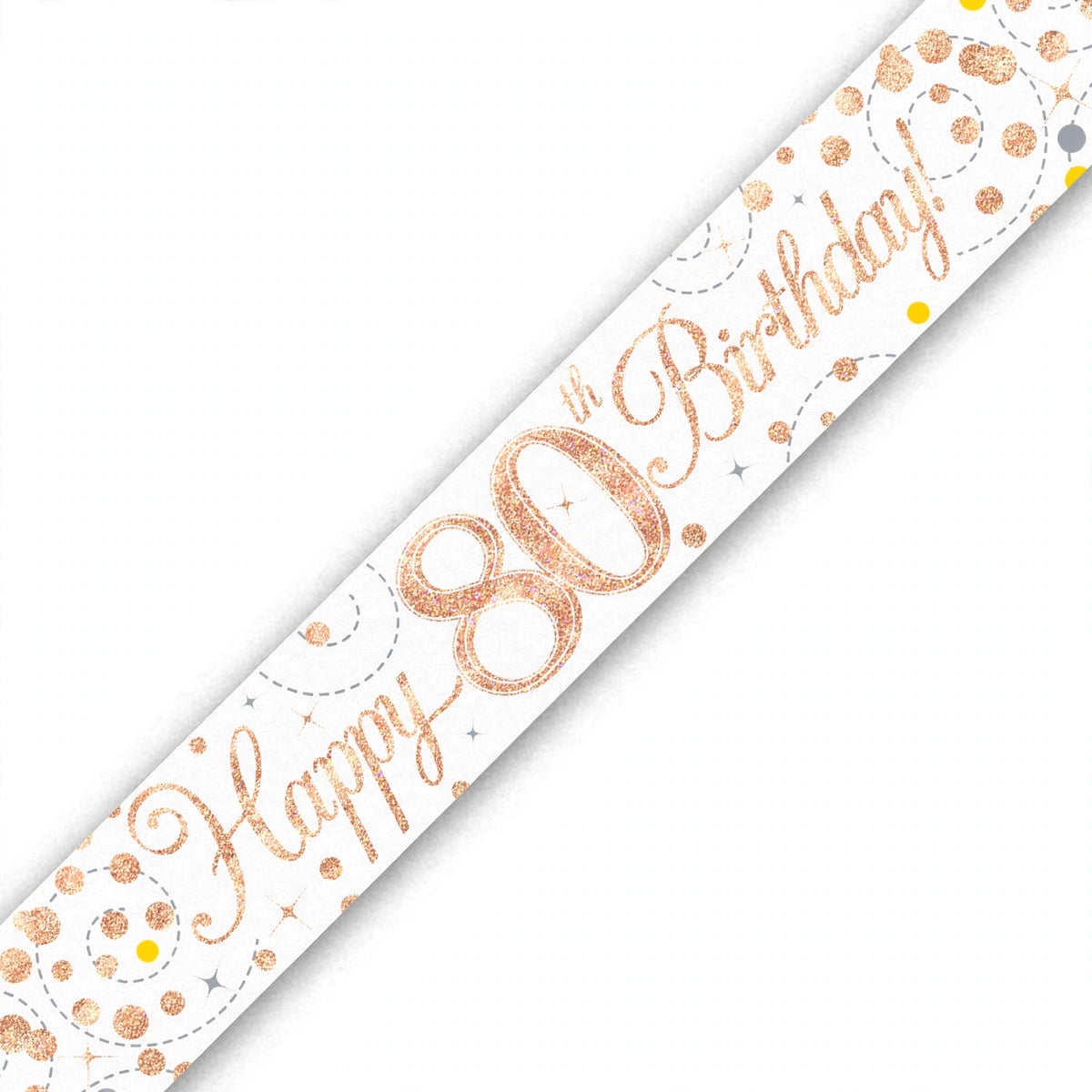 Detail view of the 9ft Sparkling Fizz 80th Birthday Banner showcasing rose gold holographic text