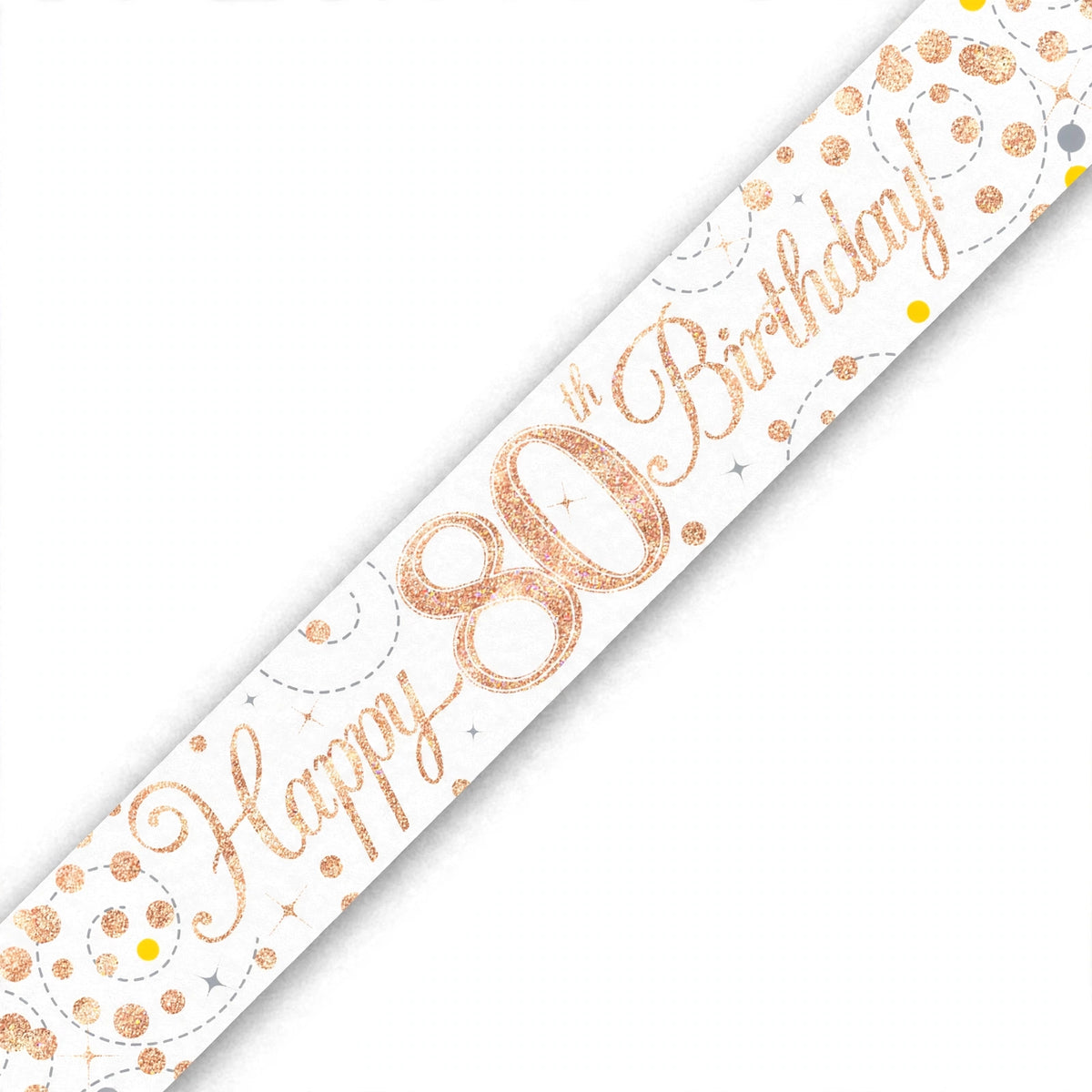 Oaktree Sparkling Fizz 80th Birthday Banner in rose gold and white with sparkling fizz detailing
