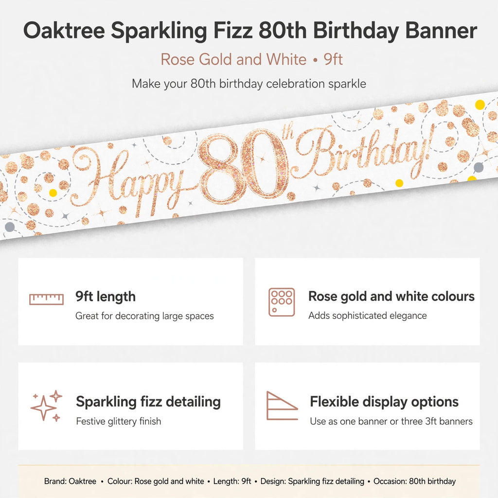 Banner features 9ft length, rose gold and white colours, sparkling fizz detailing, and flexible display options