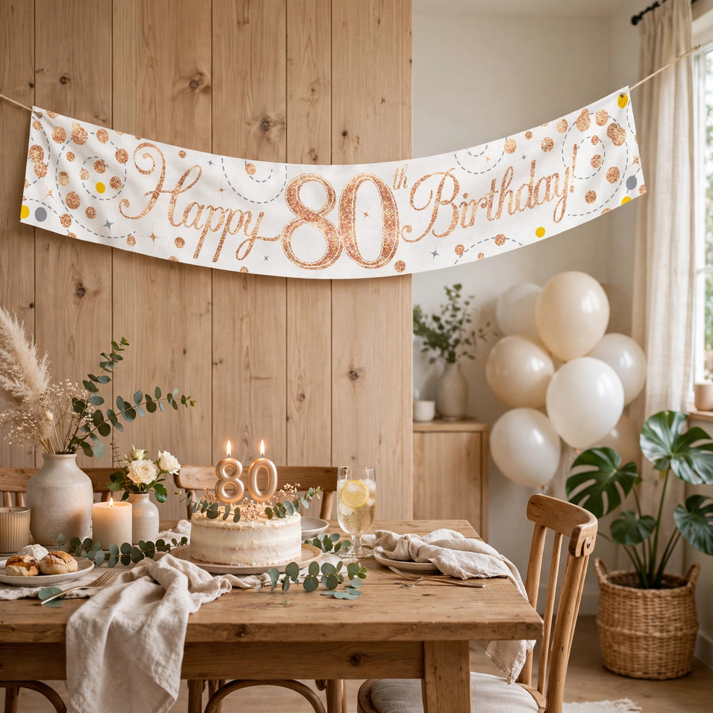 Oaktree Sparkling Fizz 80th Birthday Banner displayed as party decoration