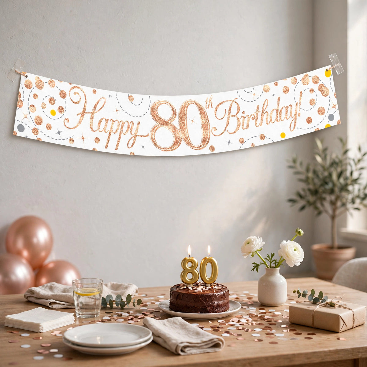 The 9ft Sparkling Fizz 80th Birthday Banner displayed at a birthday celebration setting