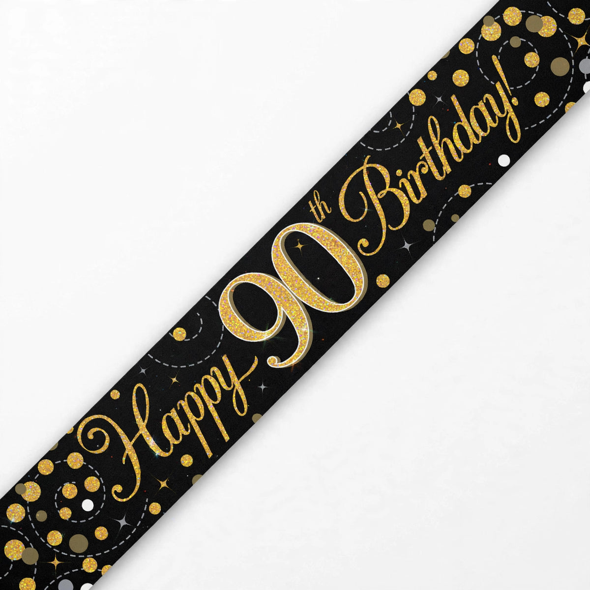 Detailed view of the 9ft Sparkling Fizz 90th Birthday Banner