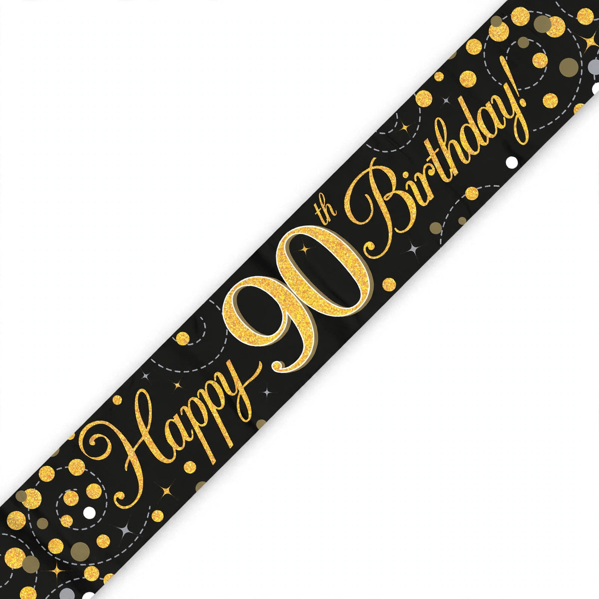 9ft Sparkling Fizz 90th Birthday Banner in black with gold holographic lettering