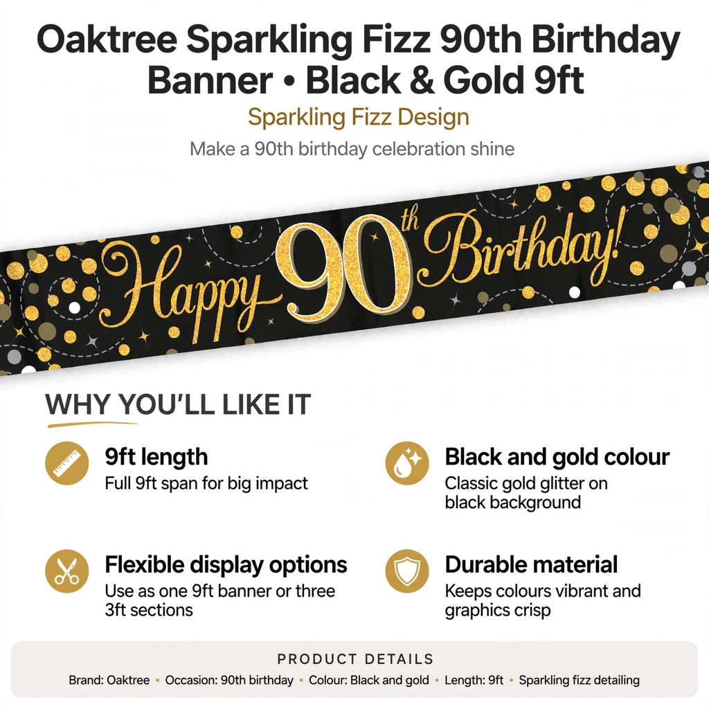 Banner features 9ft length, black and gold colours, sparkling fizz detailing, and durable material