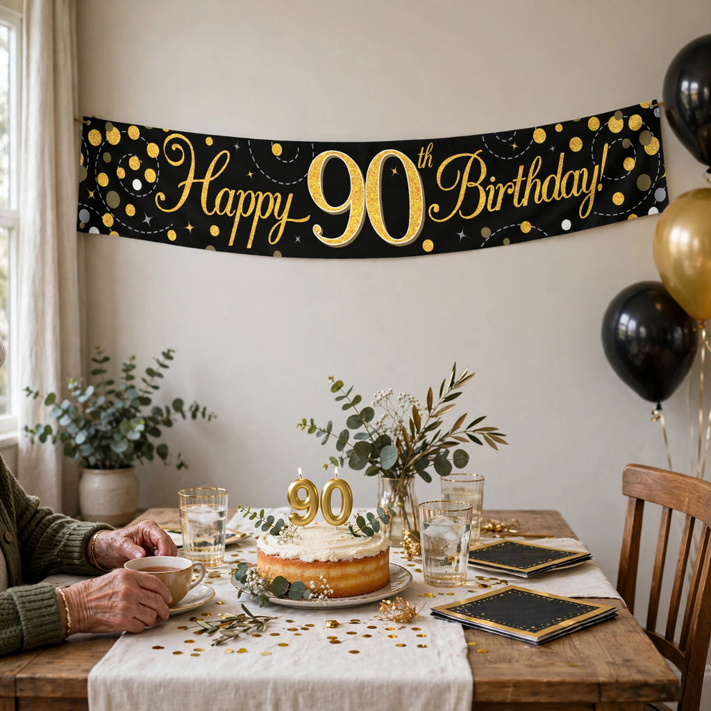 Oaktree Sparkling Fizz 90th Birthday Banner displayed as party decoration
