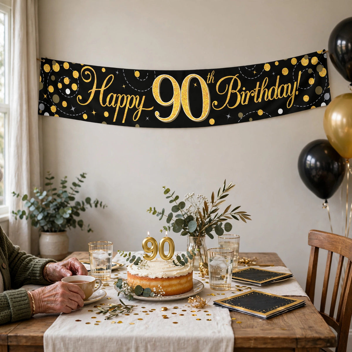 Oaktree Sparkling Fizz 90th Birthday Banner displayed as party decoration