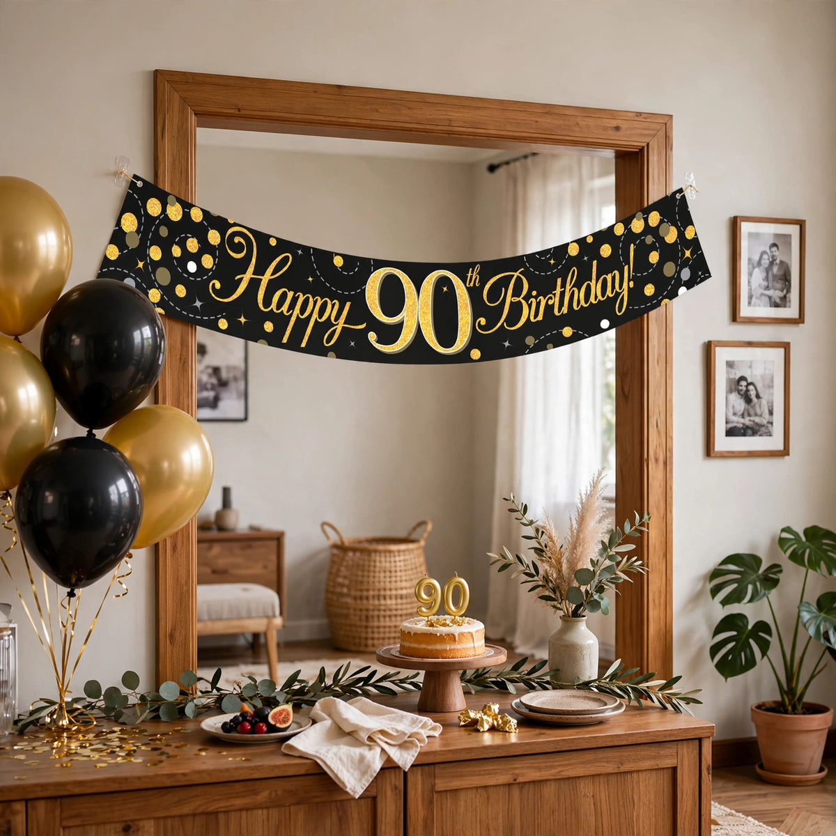 9ft Sparkling Fizz 90th Birthday Banner displayed at a birthday party