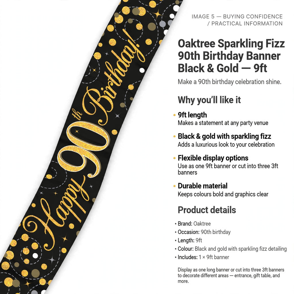 Banner can be displayed as one 9ft piece or cut into three 3ft sections for flexible decoration