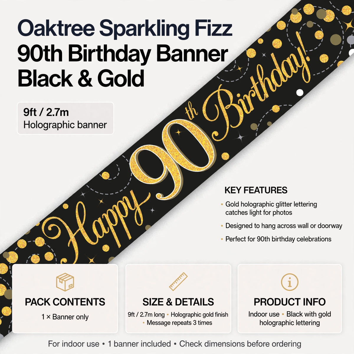 9ft Sparkling Fizz 90th Birthday Banner for decorations and photo backdrop