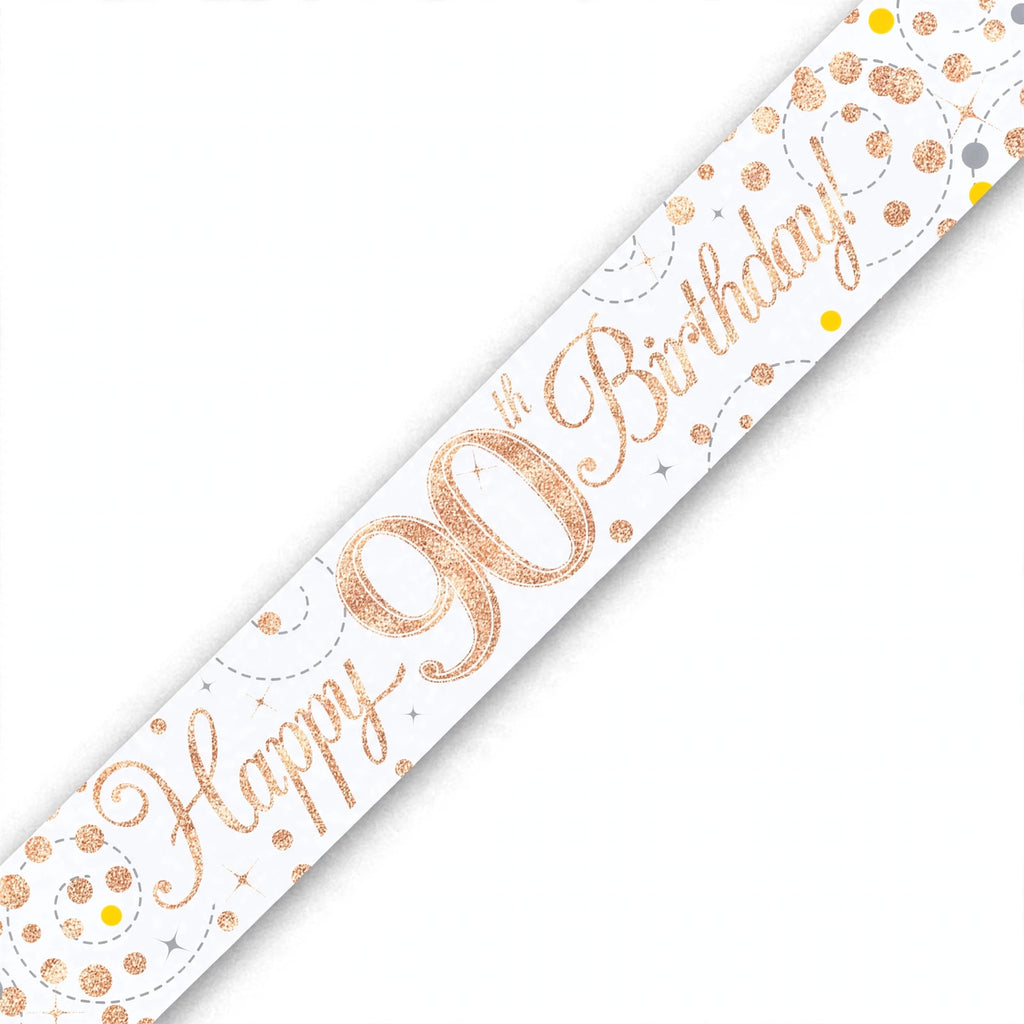 Close-up of Oaktree Sparkling Fizz 90th Birthday Banner showing rose gold and white colours with sparkling fizz details