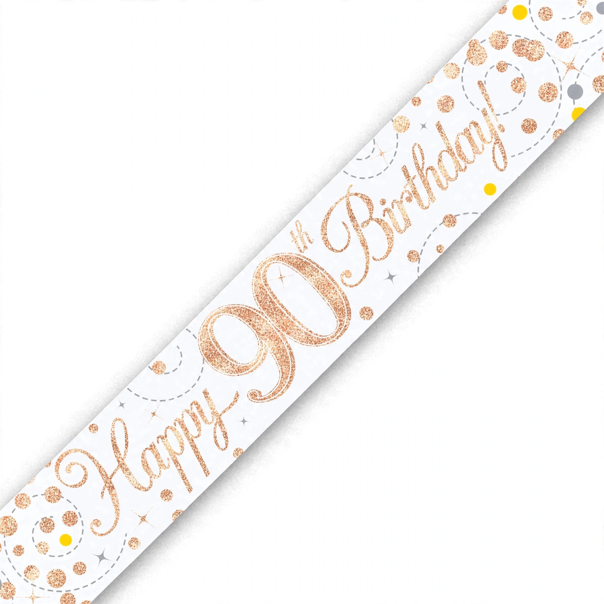 Close-up of Oaktree Sparkling Fizz 90th Birthday Banner showing rose gold and white colours with sparkling fizz details
