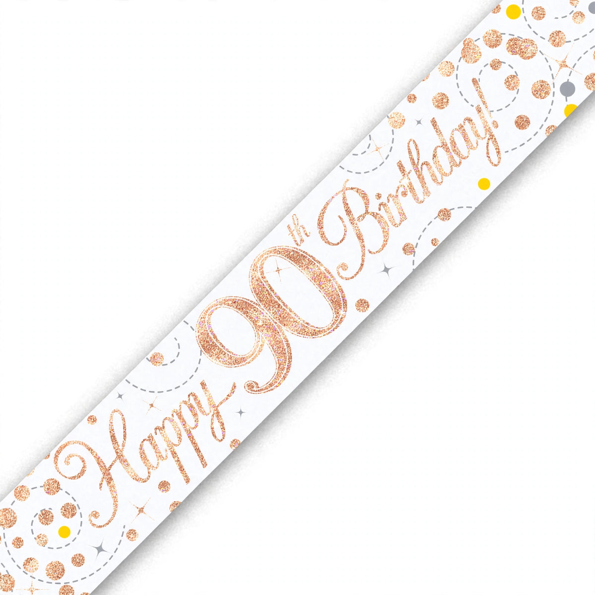 Detailed view of the Sparkling Fizz 90th Birthday Banner with rose gold holographic text