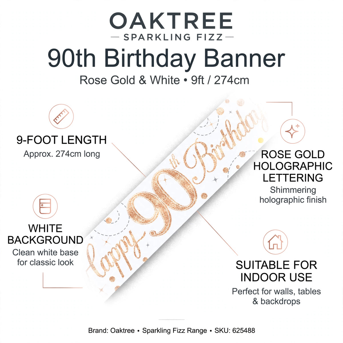 Features of the Sparkling Fizz 90th Birthday Banner showcasing rose gold lettering and length