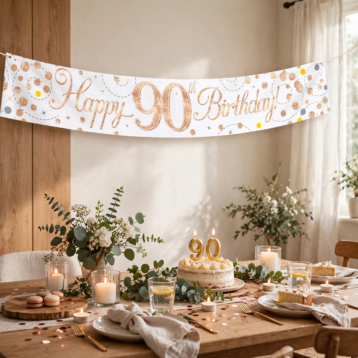 Oaktree Sparkling Fizz 90th Birthday Banner displayed as party decoration