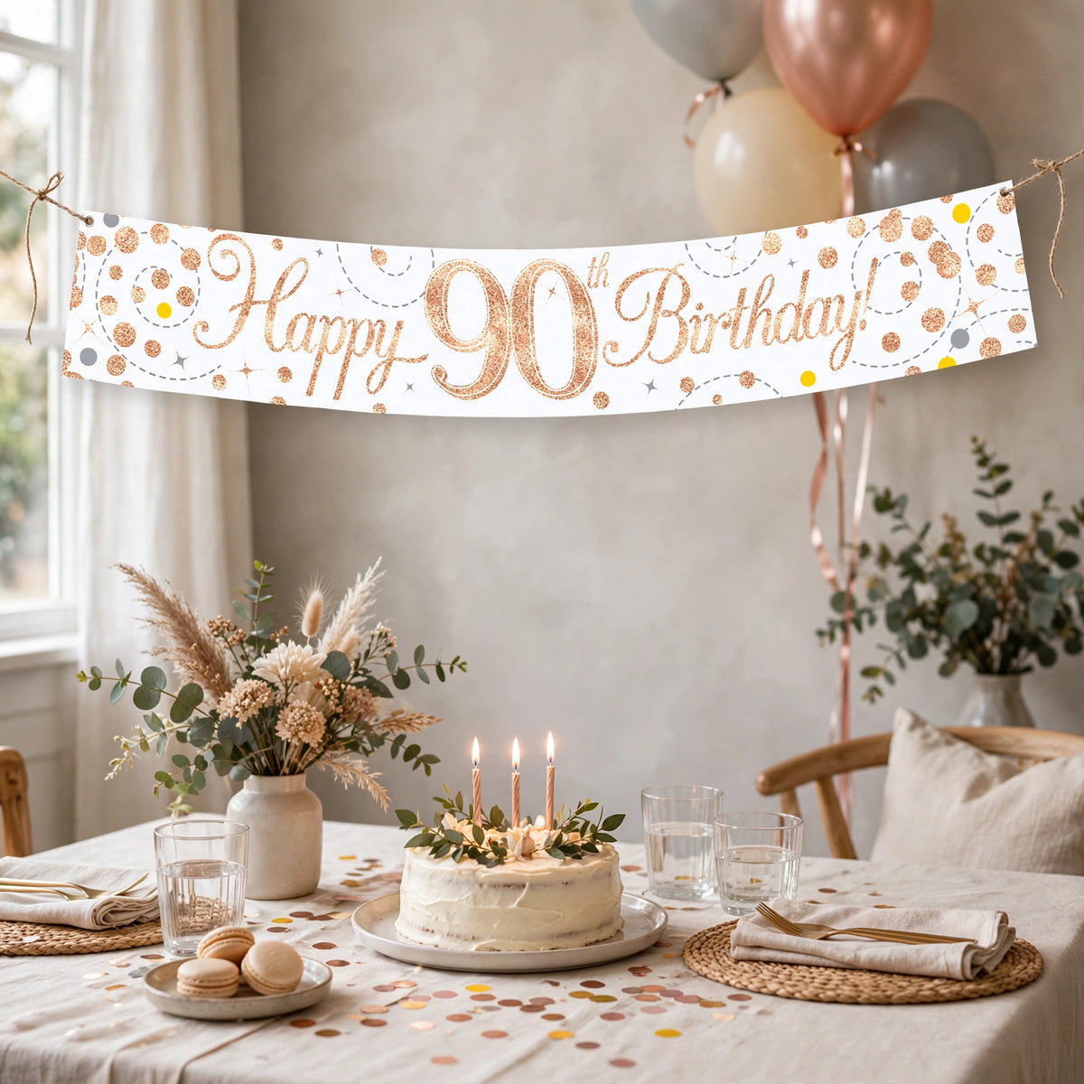 Sparkling Fizz 90th Birthday Banner displayed as a backdrop for a birthday celebration