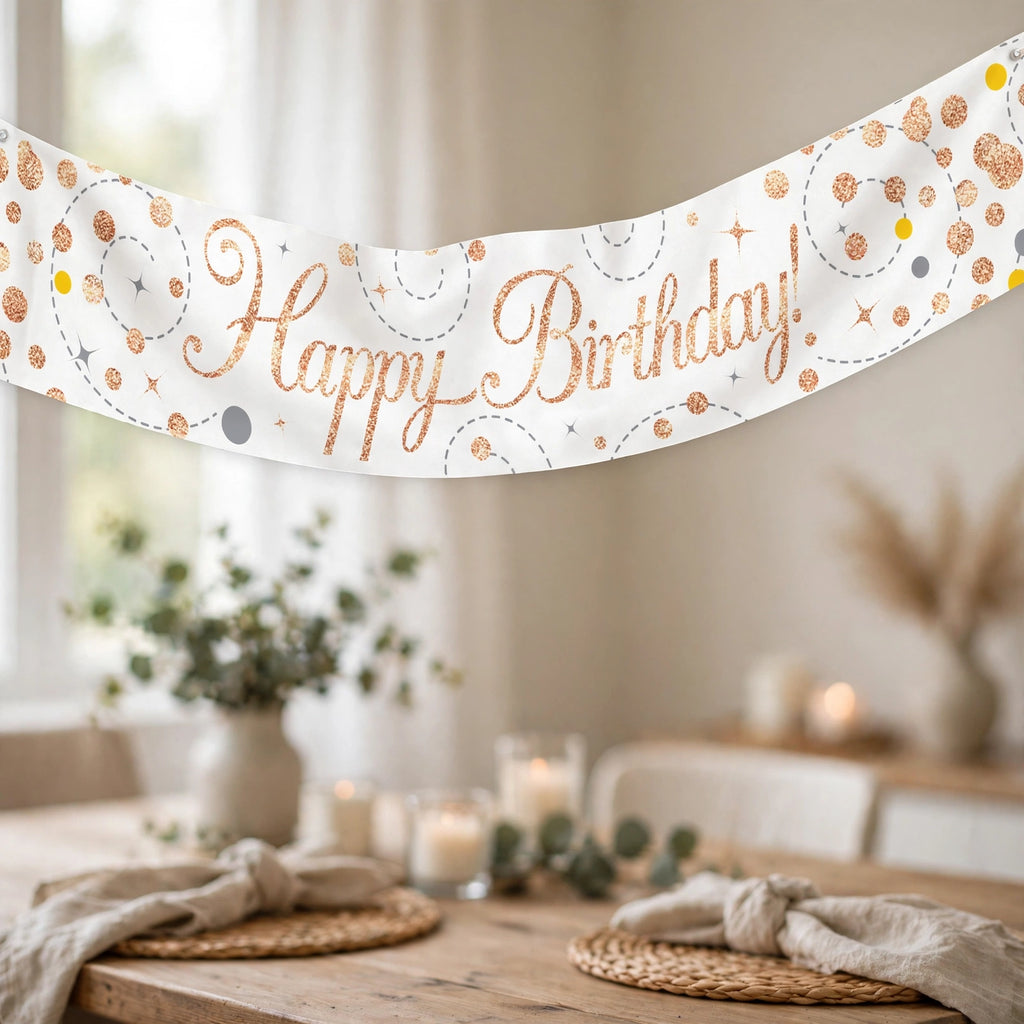 Oaktree Sparkling Fizz Happy Birthday Banner displayed as party decoration
