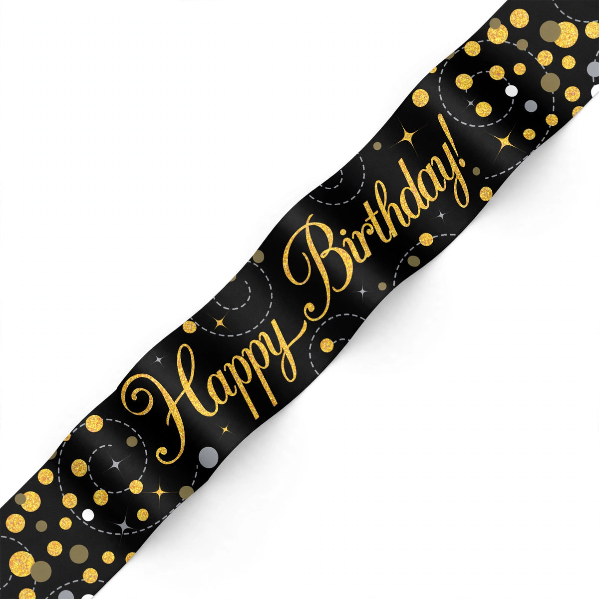 Happy Birthday banner in black with gold holographic lettering