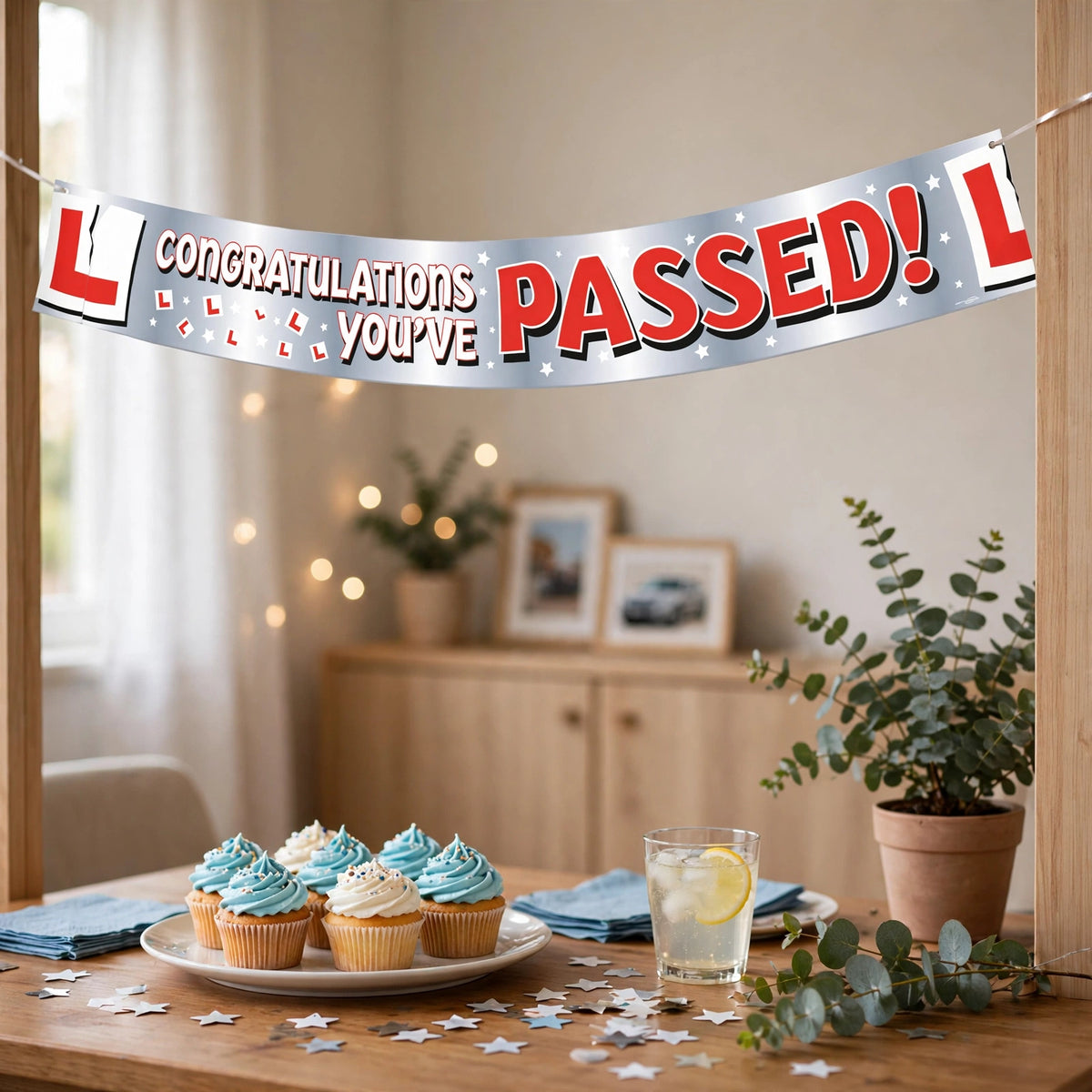 You've Passed Your Driving Test banner hanging across a wall for a driving test pass party