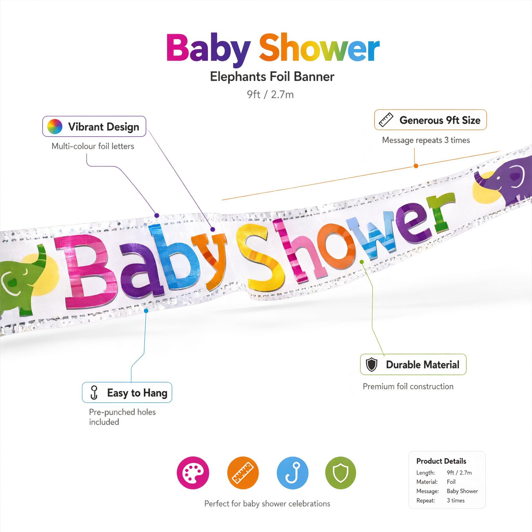 Multi-Colour Baby Shower Elephants Banner 9ft