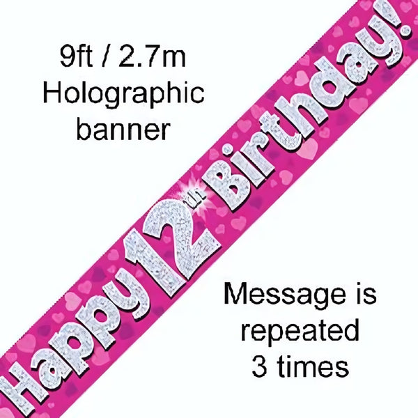 9ft Pink Holographic 12th Birthday Banner | Merthyr Tydfil | Why Not Shop Online