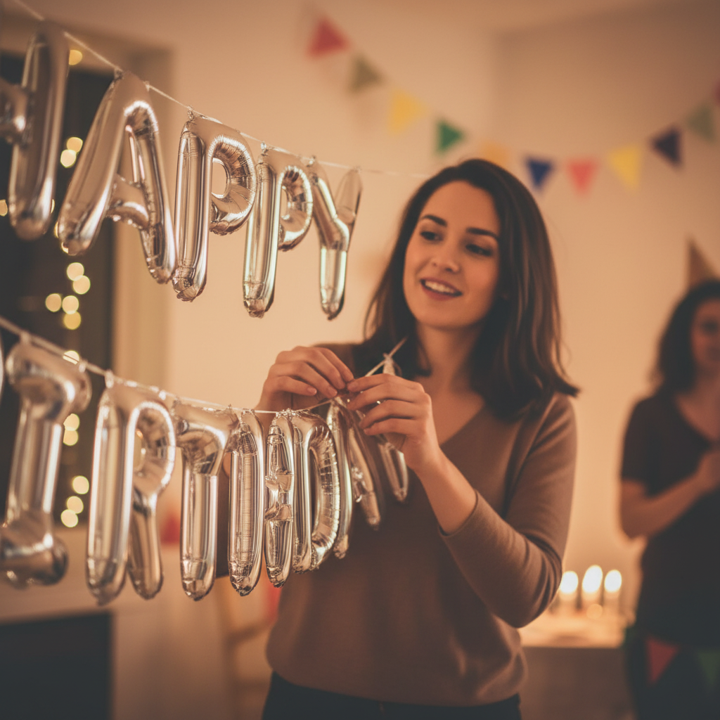 A woman in a brown long-sleeve top is hanging silver foil balloon letters spelling 'HAPPY BIRTHDAY' in a warmly lit indoor party setting with colorful bunting and candles in the background.