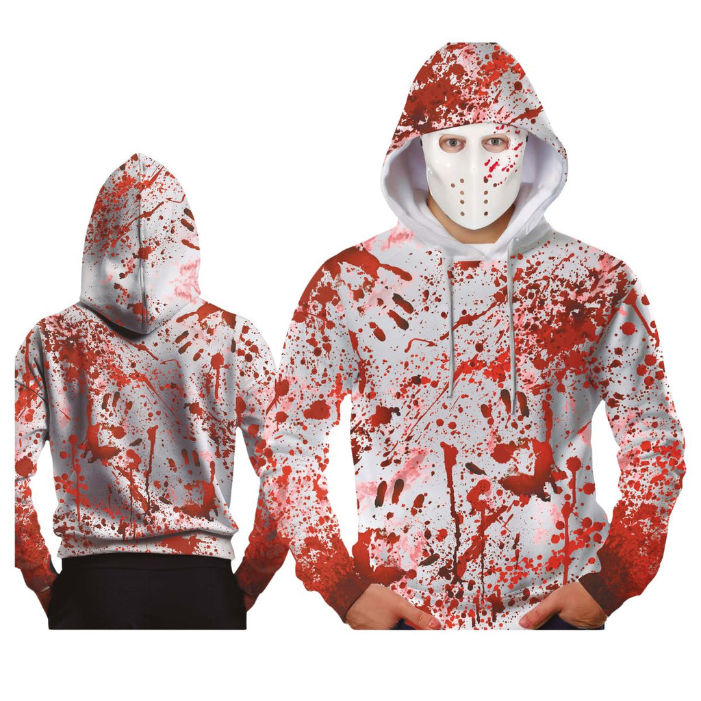 A white zip-up hoodie with a red blood splatter print, shown from both front and back views. The front view features a model wearing a white hockey mask, and the background is solid white.