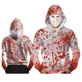 A white zip-up hoodie with a red blood splatter print, shown from both front and back views. The front view features a model wearing a white hockey mask, and the background is solid white.