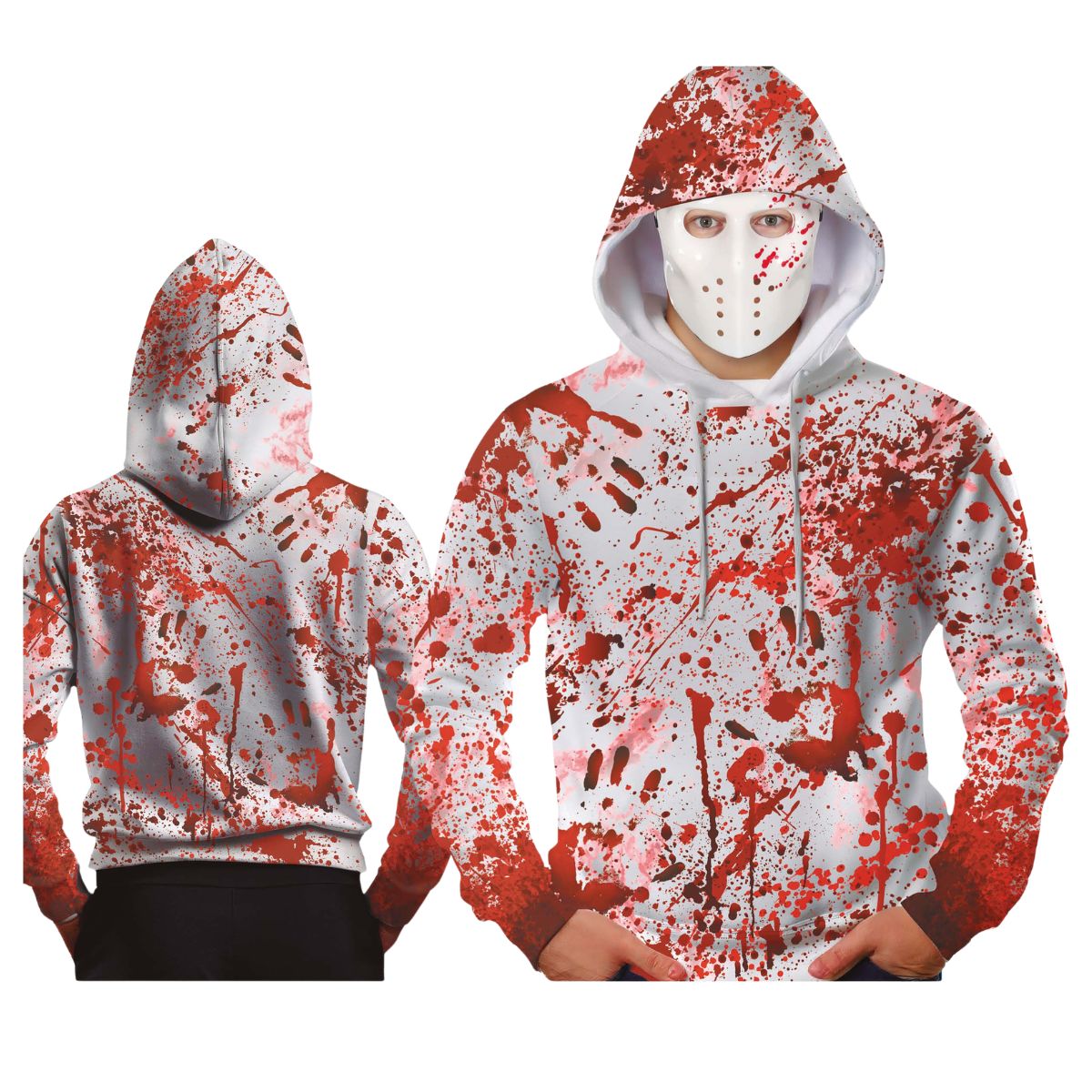 A white zip-up hoodie with a red blood splatter print, shown from both front and back views. The front view features a model wearing a white hockey mask, and the background is solid white.