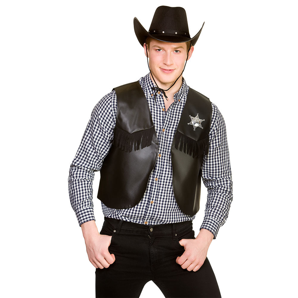 Adults Sheriff/Cowboy Waistcoat With Badge Black One Size