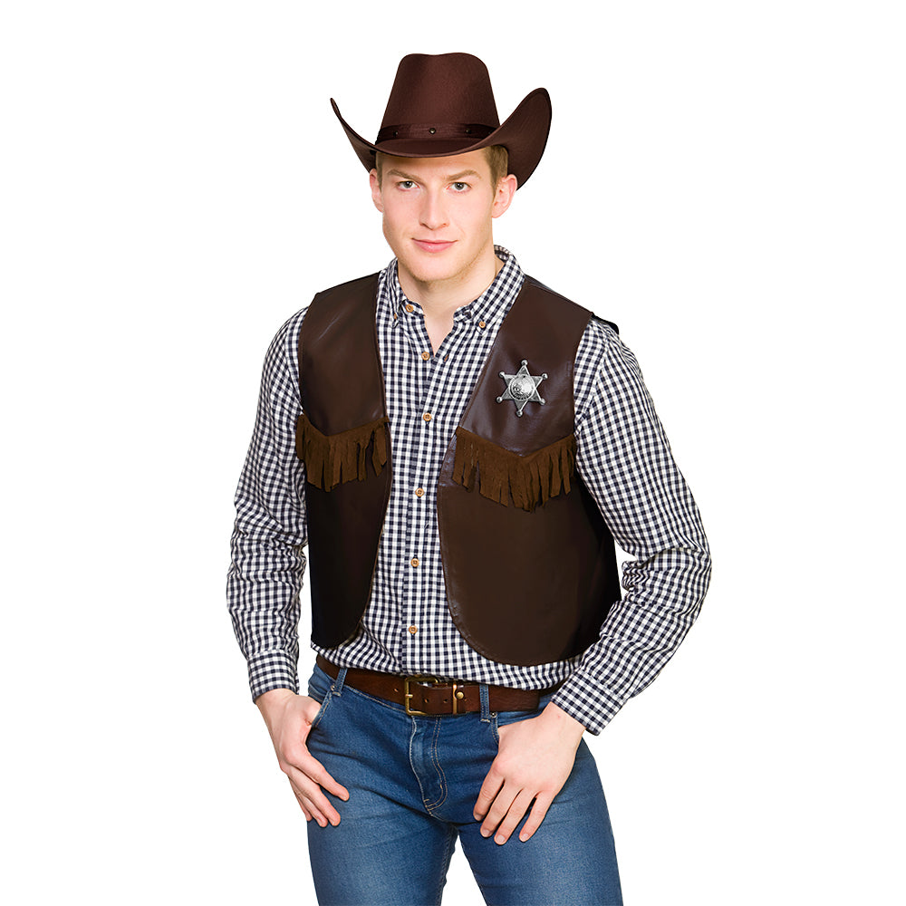 Adults Sheriff/Cowboy Waistcoat With Badge Dark Brown One Size